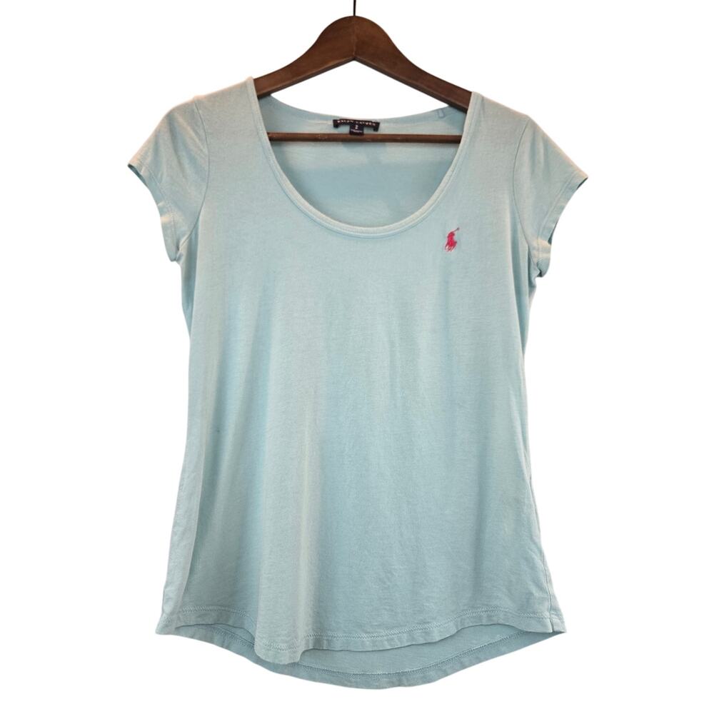 Ralph Lauren Vintage Light Turquoise Short-sleeved Baby Tee with Pink Logo - S
